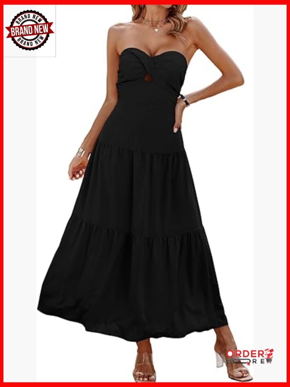 Strapless Maxi Dress Summer Hollow Out Smocked A-Line Tiered Long